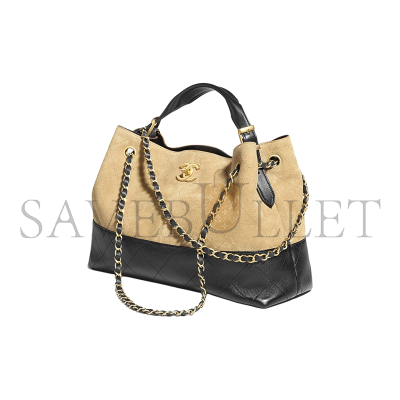 CHANEL SHOPPING BAG SUEDE CALFSKIN, SHINY LAMBSKIN & GOLD-TONE METAL BEIGE & BLACK AS5634 (36*24*12cm)