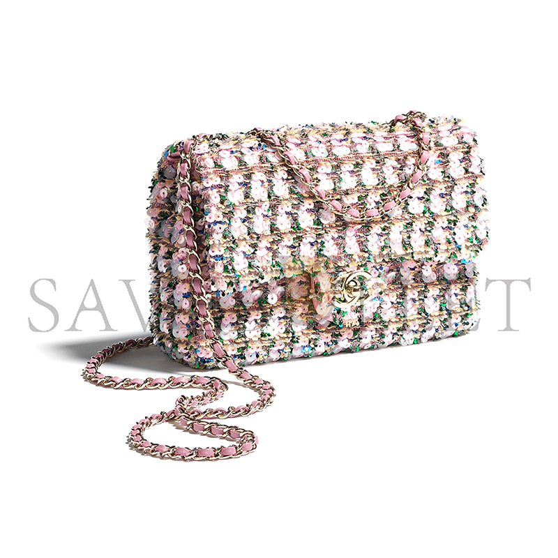 CHANEL FLAP BAG SEQUINS & GOLD-TONE METAL LIGHT PINK, GREEN & YELLOW AS4561 (21*14*8cm)
