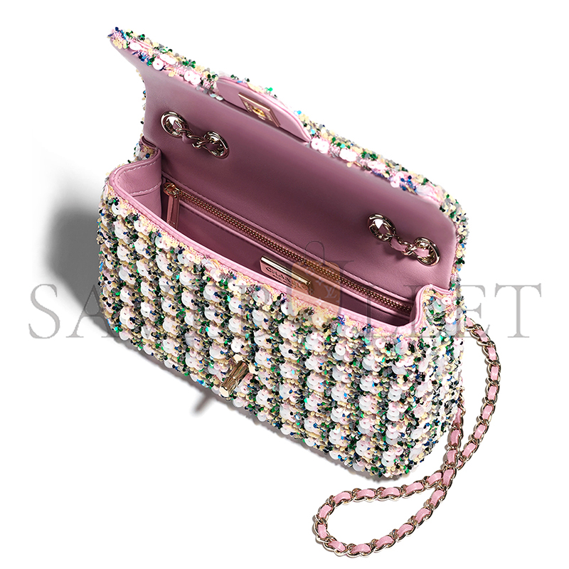 CHANEL FLAP BAG SEQUINS & GOLD-TONE METAL LIGHT PINK, GREEN & YELLOW AS4561 (21*14*8cm)