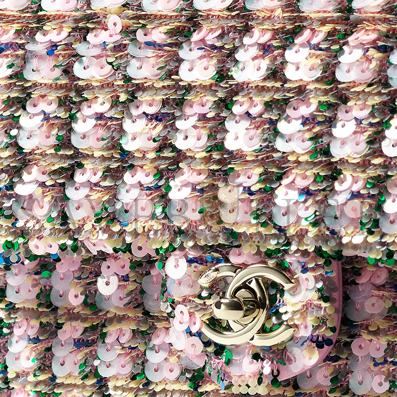 CHANEL FLAP BAG SEQUINS & GOLD-TONE METAL LIGHT PINK, GREEN & YELLOW AS4561 (21*14*8cm)
