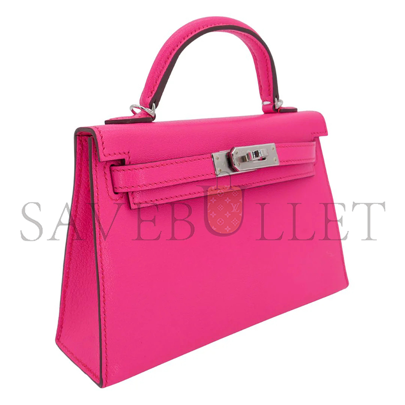 HERMES KELLY II SELLIER MINI ROSE POP CHEVRE LEATHER PALLADIUM HARDWARE 103785 (20*11*6cm)