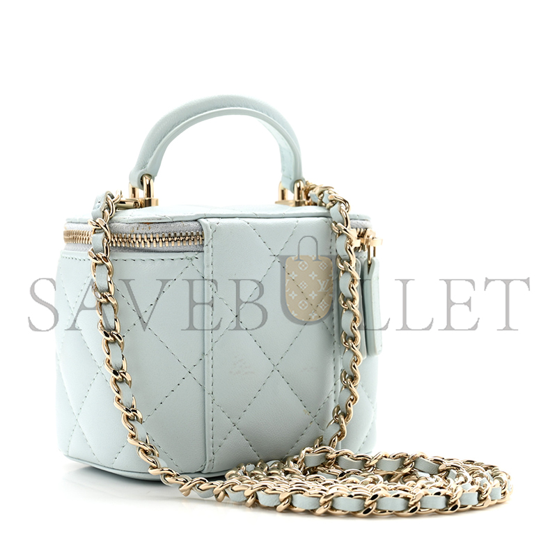 CHANEL LAMBSKIN QUILTED TOP HANDLE MINI VANITY CASE WITH CHAIN LIGHT BLUE 1671368 (10*9*7cm)