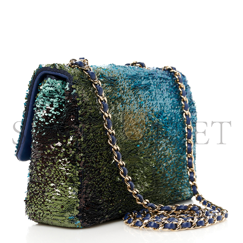 CHANEL SHADED SEQUINS MINI FLAP LIGHT GREEN DARK BROWN WHITE BLUE 1585379 (20*14*7cm)