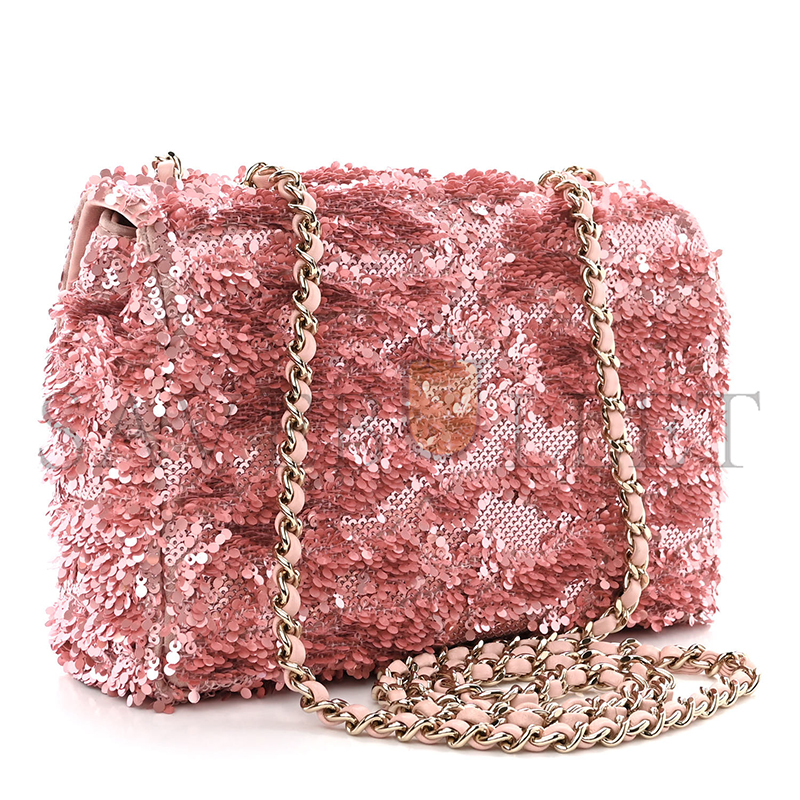 CHANEL FLAP BAG SEQUINS & GOLD-TONE METAL GOLDEN & PINK AS4561 (21*14*8cm)