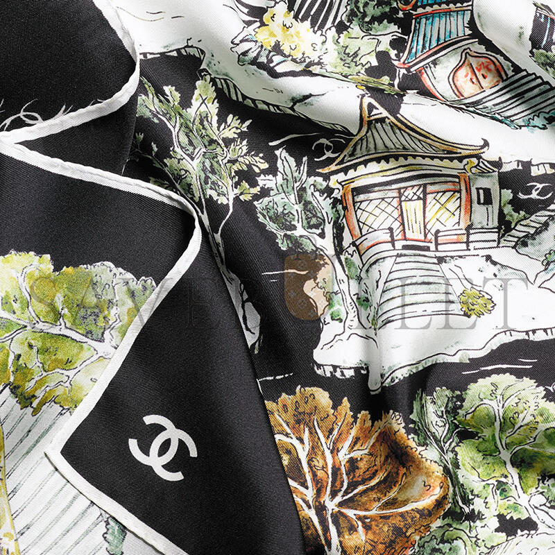 CHANEL SQUARE SCARF SILK TWILL BLACK, MULTICOLOR & WHITE AAB102 (90*90cm) CHANEL SQUARE SCARF SILK TWILL BLACK, MULTICOLOR & WHITE AAB102 (90*90cm)