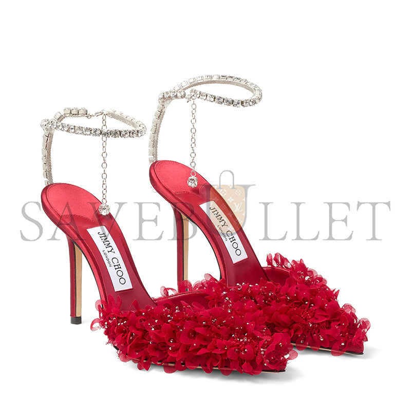 JIMMY CHOO SAEDA 100 RUBY RED MESH PUMPS WITH PETAL EMBROIDERY SAEDA100BSR