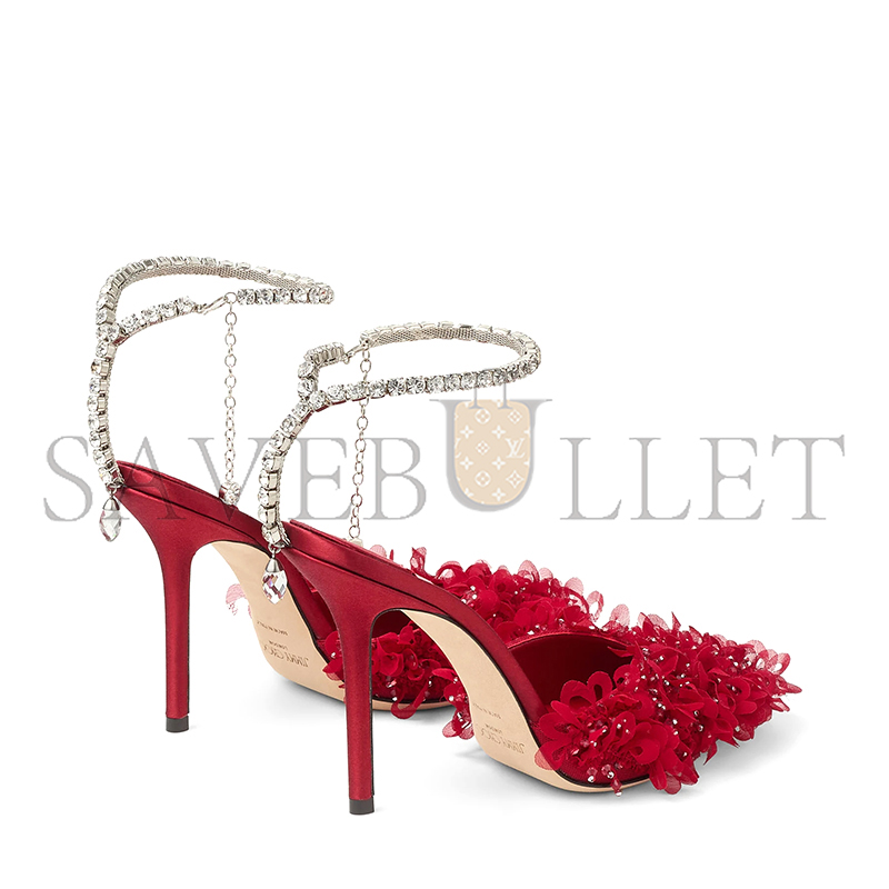 JIMMY CHOO SAEDA 100 RUBY RED MESH PUMPS WITH PETAL EMBROIDERY SAEDA100BSR
