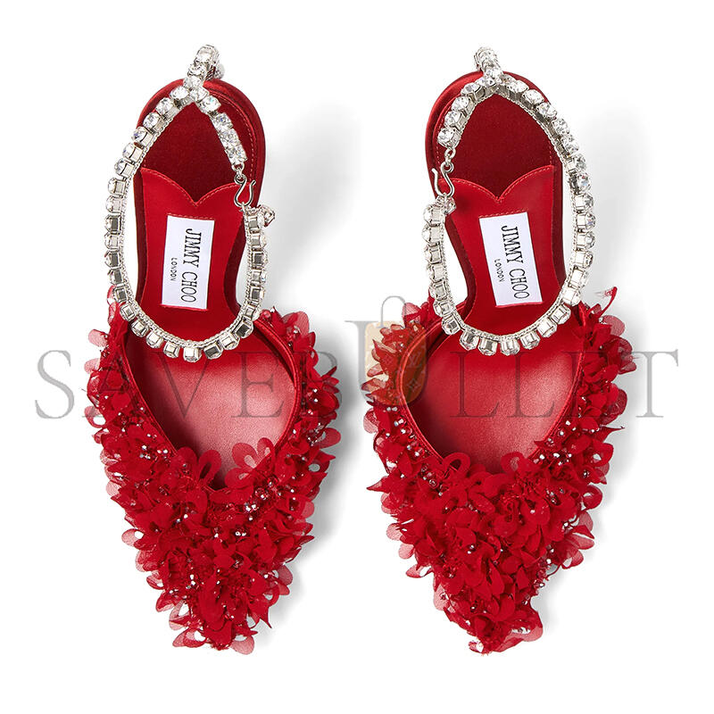 JIMMY CHOO SAEDA 100 RUBY RED MESH PUMPS WITH PETAL EMBROIDERY SAEDA100BSR