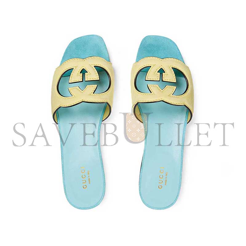 GUCCI INTERLOCKING G CUTOUT SLIDE SANDALS YELLOW LIGHT BLUE 694451