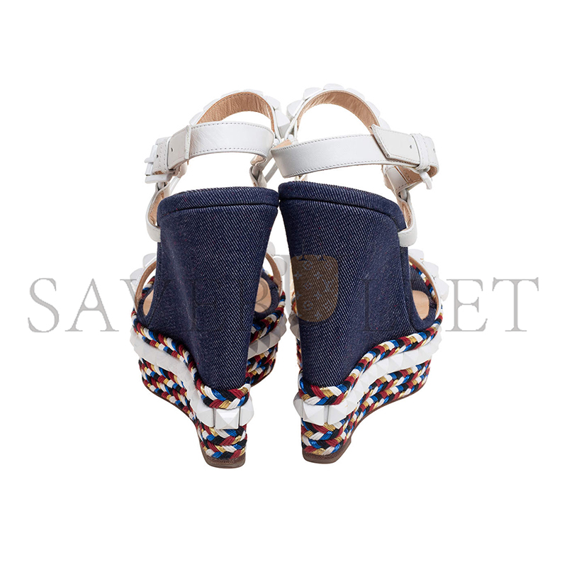 CHRISTIAN LOUBOUTIN CATACLOU DENIM PATCHWORK STUDDED WEDGE SANDALS