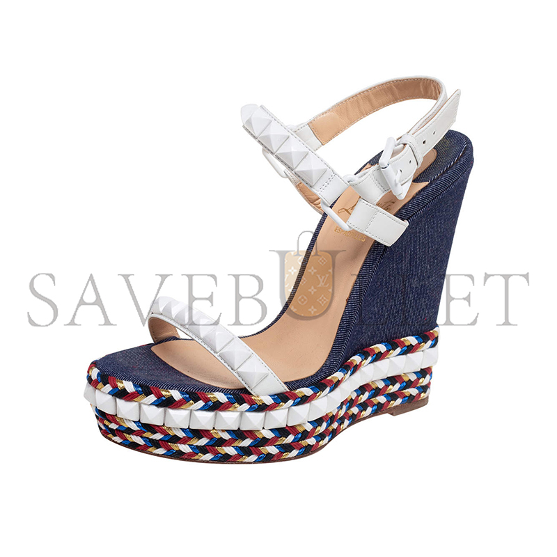 CHRISTIAN LOUBOUTIN CATACLOU DENIM PATCHWORK STUDDED WEDGE SANDALS