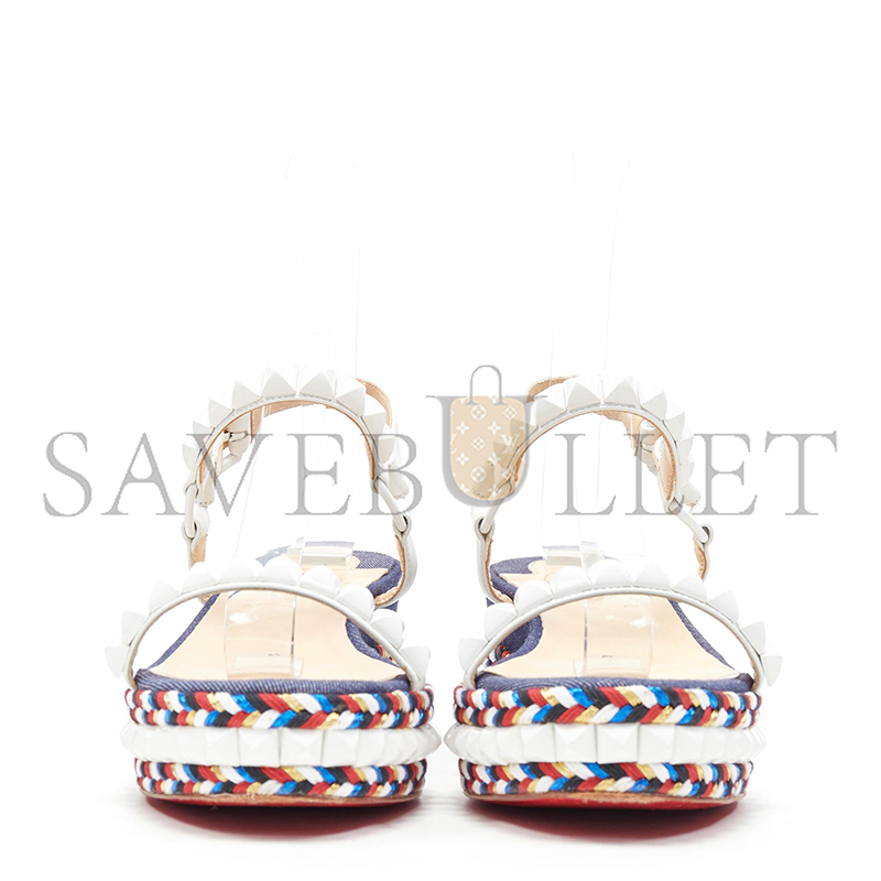 CHRISTIAN LOUBOUTIN CATACLOU DENIM PATCHWORK STUDDED WEDGE SANDALS