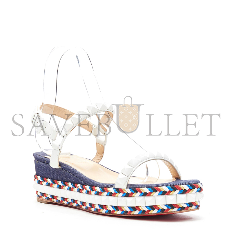 CHRISTIAN LOUBOUTIN CATACLOU DENIM PATCHWORK STUDDED WEDGE SANDALS