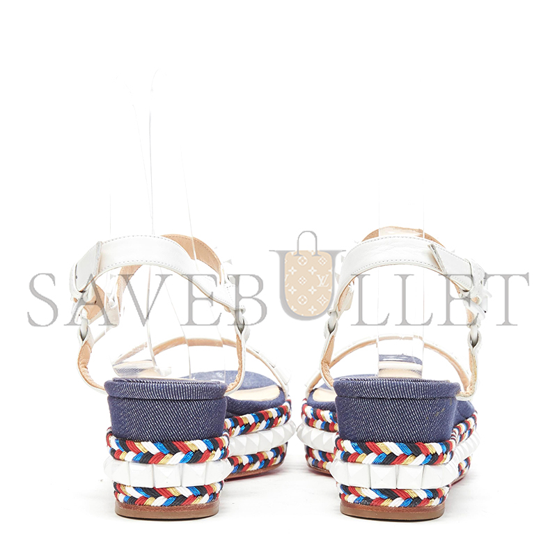 CHRISTIAN LOUBOUTIN CATACLOU DENIM PATCHWORK STUDDED WEDGE SANDALS