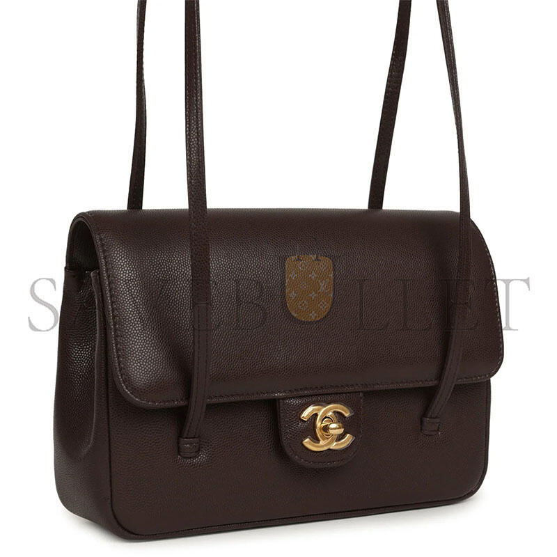 CHANEL SMALL PREPPY COCO FLAP BAG DARK BROWN SHINY CAVIAR BRUSHED GOLD HARDWARE (22*15*5cm)