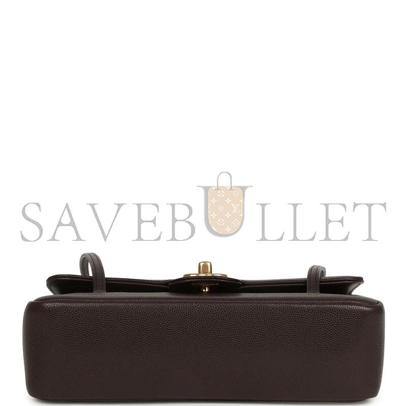 CHANEL SMALL PREPPY COCO FLAP BAG DARK BROWN SHINY CAVIAR BRUSHED GOLD HARDWARE (22*15*5cm)