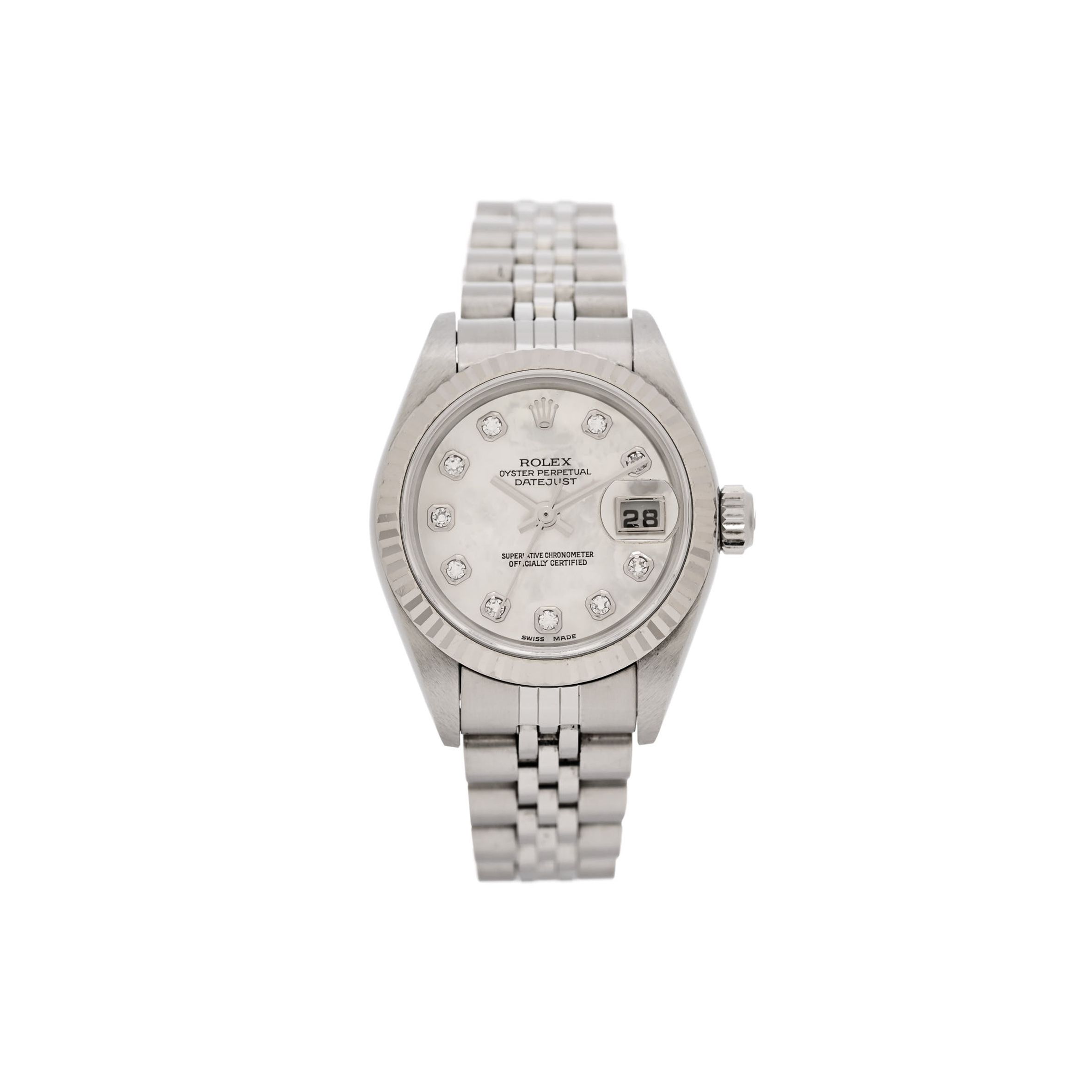 R*L*X STAINLESS STEEL 18K WHITE GOLD DIAMOND MOTHER OF PEARL 26MM OYSTER PERPETUAL DATEJUST WATCH 79174 13029