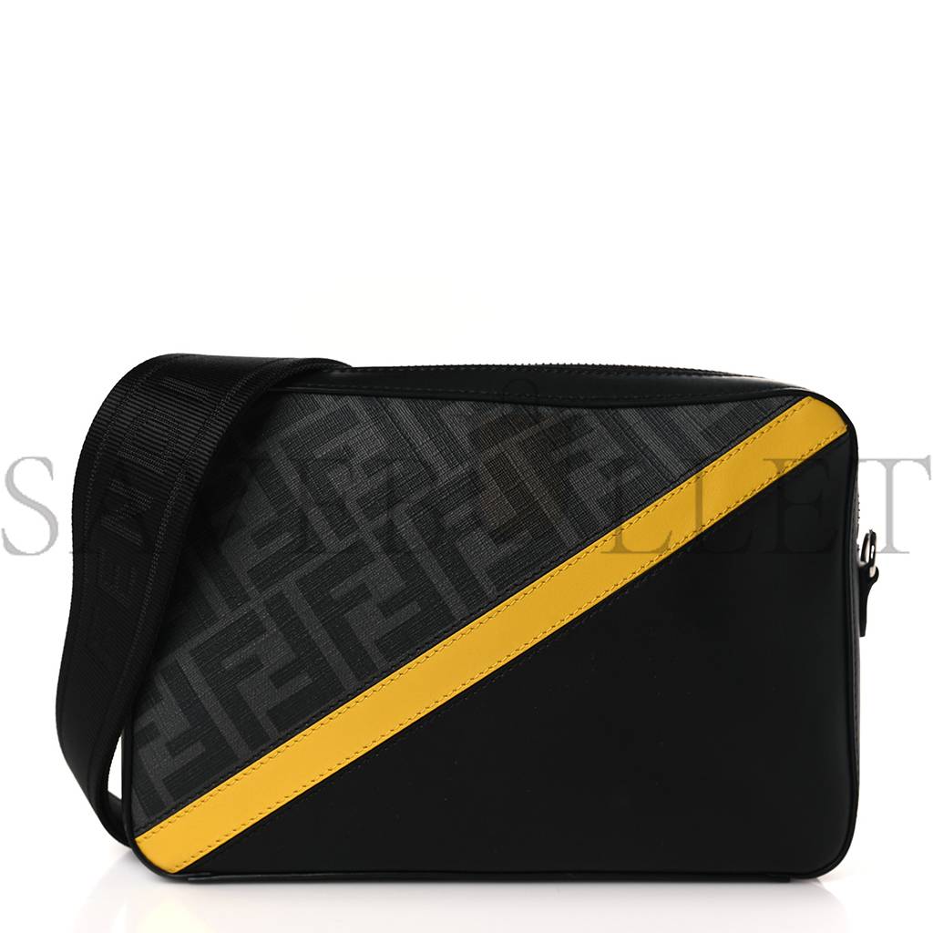 FENDI GLAZED FABRIC VITELLO LIBERTY FF 1974 DIAGONAL MEDIUM CAMERA CASE BLACK SUNFLOWER (23*15*4cm)