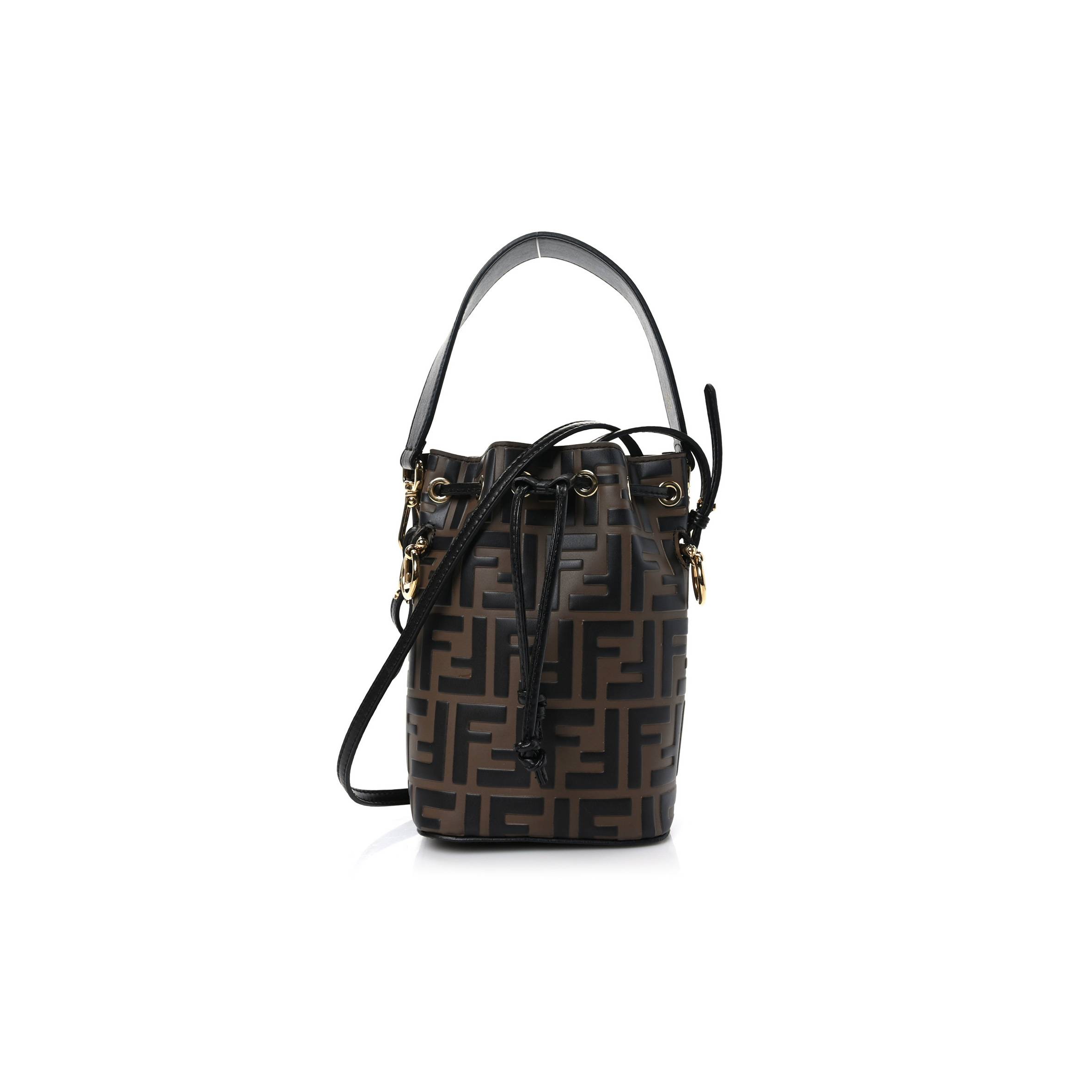 F*N*I VITELLO LIBERTY F IS F*N*I BI-COLOR FF 1974 EMBOSSED MINI MON TRESOR BUCKET BAG MAYA BLACK (18*11*10cm)